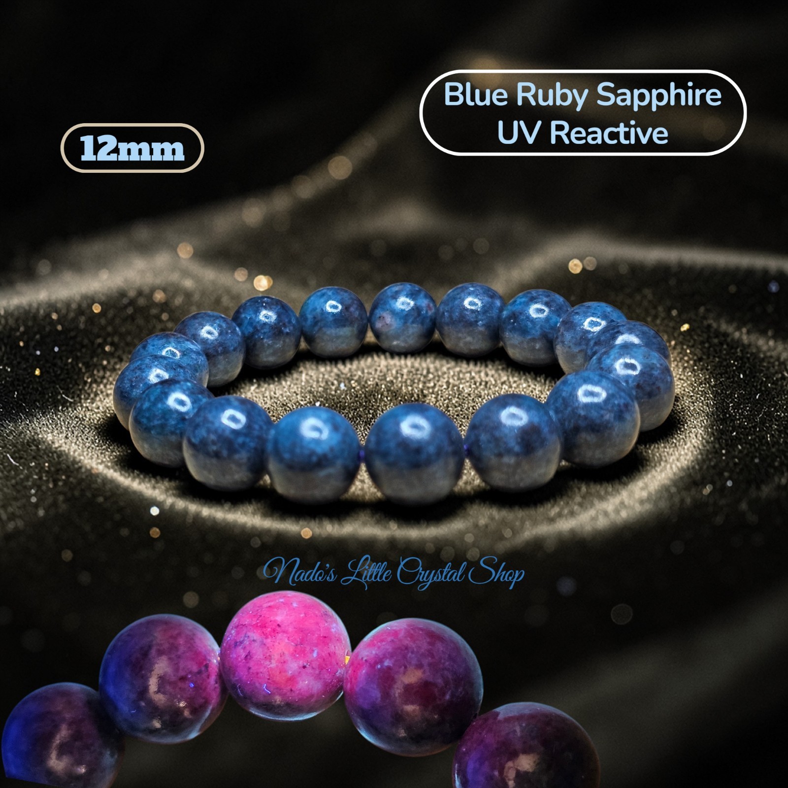 Blue Ruby Sapphire UV Reactive Crystal Bracelet 12mm Unisex Bracelet