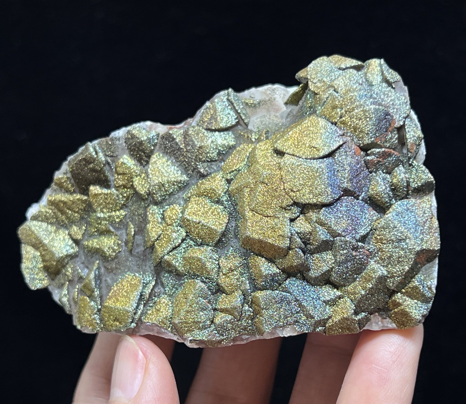 81mm 160g IRIDESCENT & Golden Chalcopyrite on Calcite, Natural Mineral Specimen
