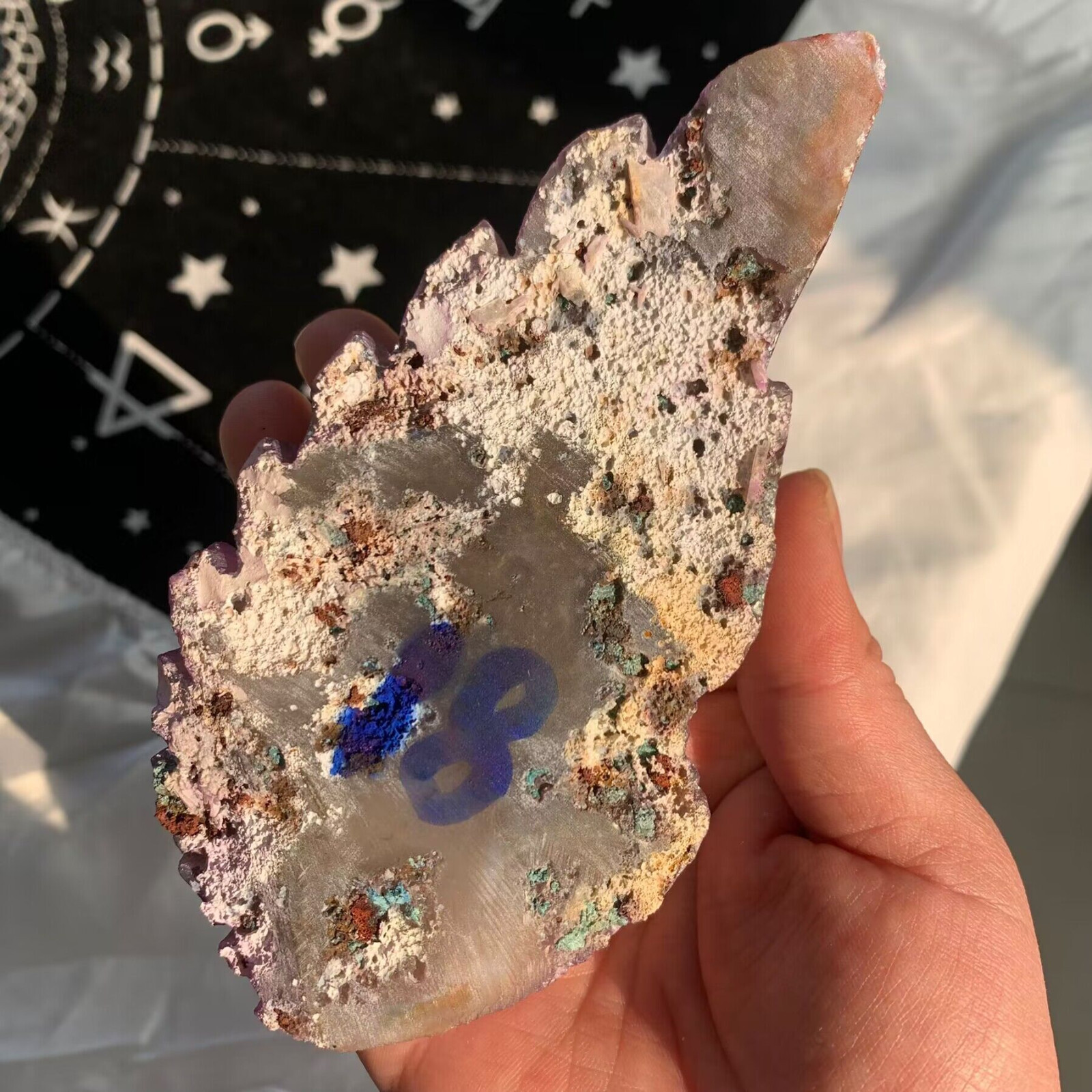 449g Titanium Angel Aura Amethyst Cluster Wings Carving Quartz Crystal+Stand