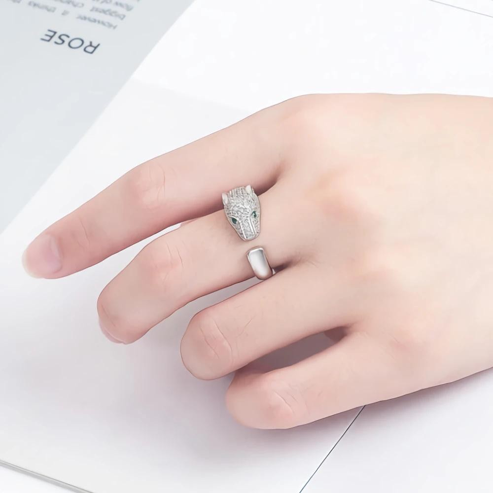 Noble 925 Sterling Silver Leopard Head Ring Crystal Jewelry for Women and Men
