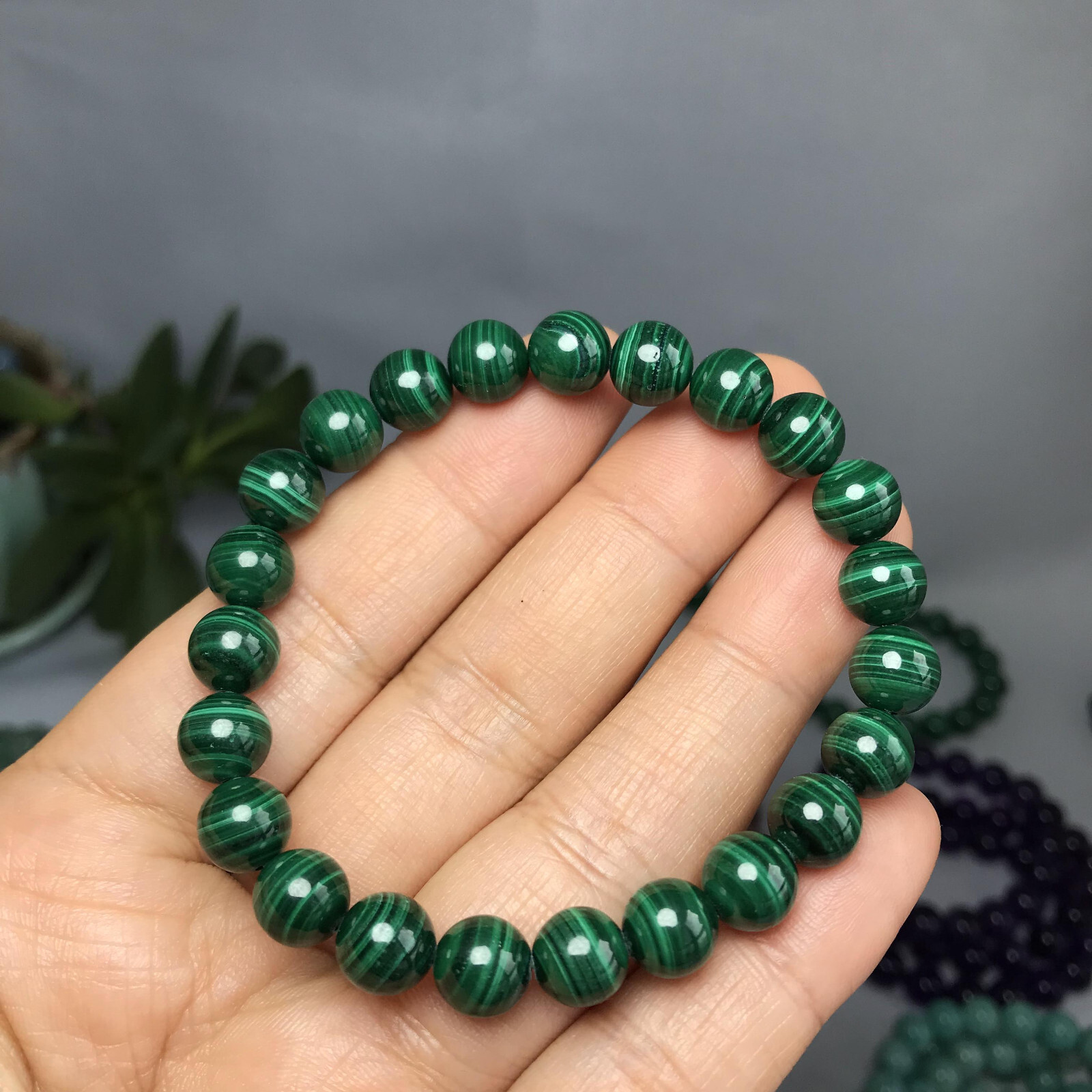 8mm Natural malachite gemstone Crystal chain beads bracelet 25-26g A5263