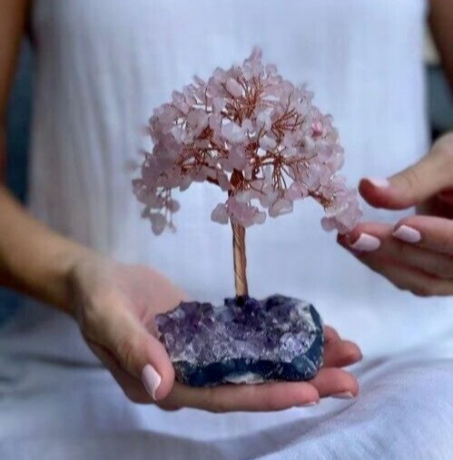 Handmade Rose Quartz Tree of Life on Amethyst Geode Base Fortune Tree Home Decor