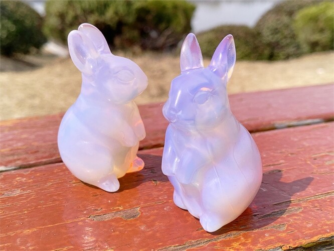 2″ Hand Carved Pink opalite Rabbit Reiki Quartz Crystal Skull Figurines decor 1x