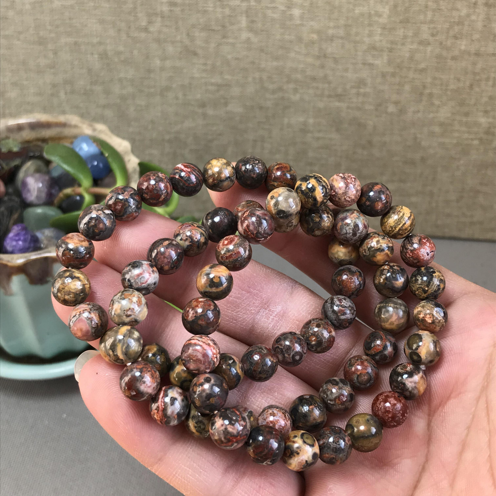 5Pcs Wholesal Natural Polish Leopard stone bracelets Crystal ball sphere 8mm
