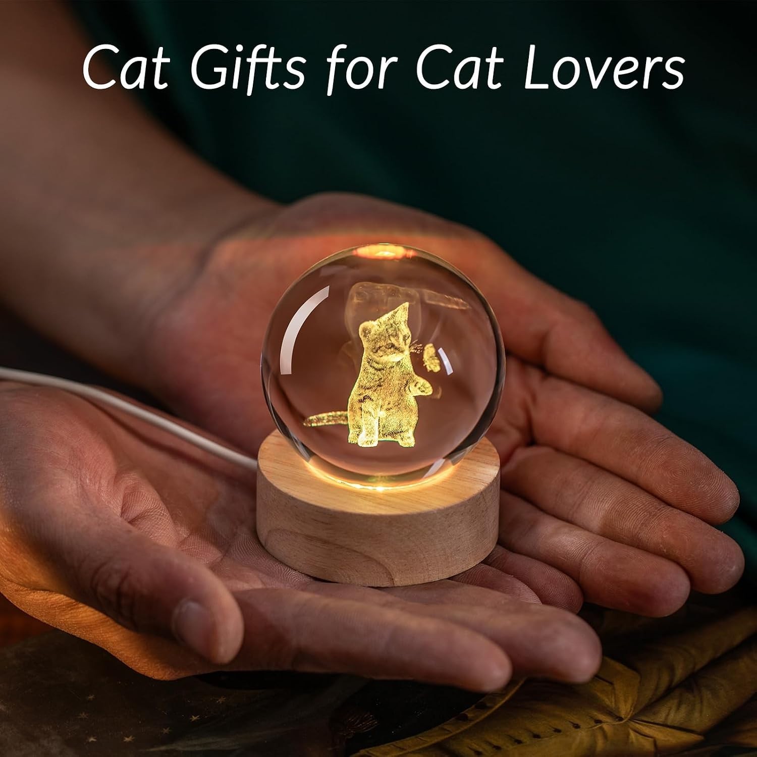 Engraved Cat Image in Crystal – USB Powered Night Light