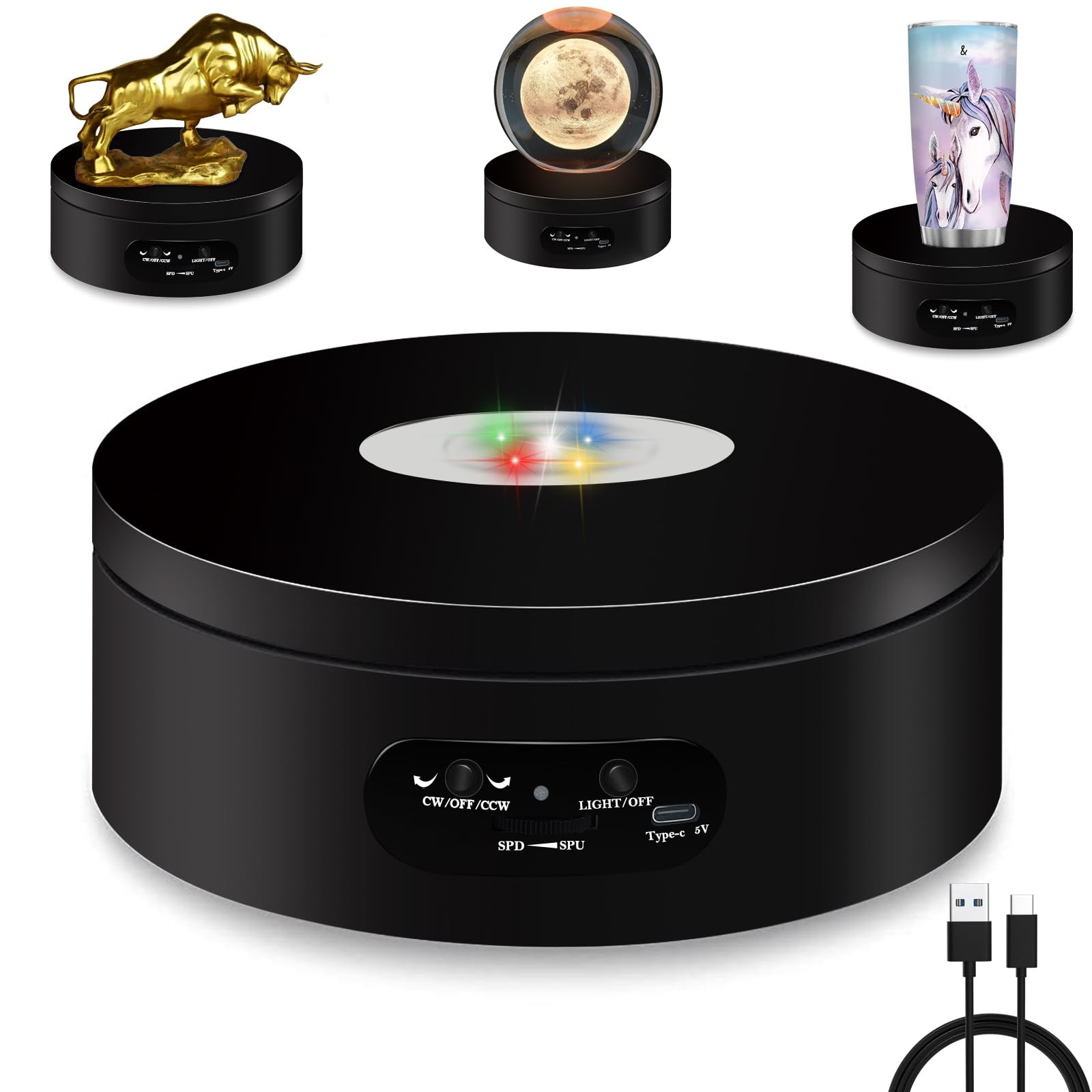 LED Rotating Display Stand, 4.72in Black Plastic Motorized Turntable Base