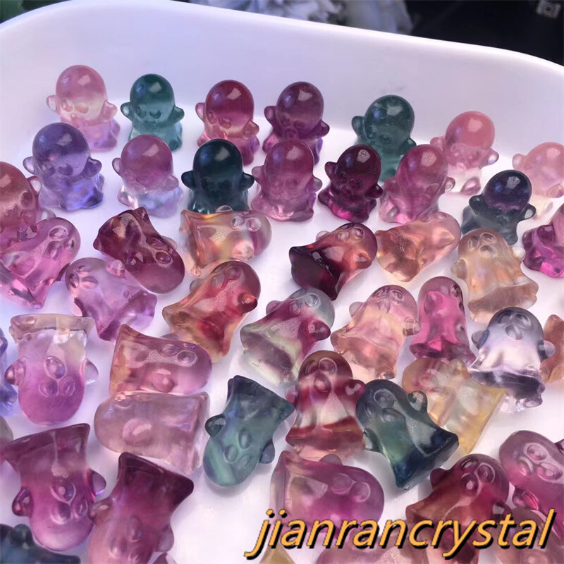 100pc Hand Carved Natural Fluorite Mini Ghost Quartz Crystal Skull Reiki Healing