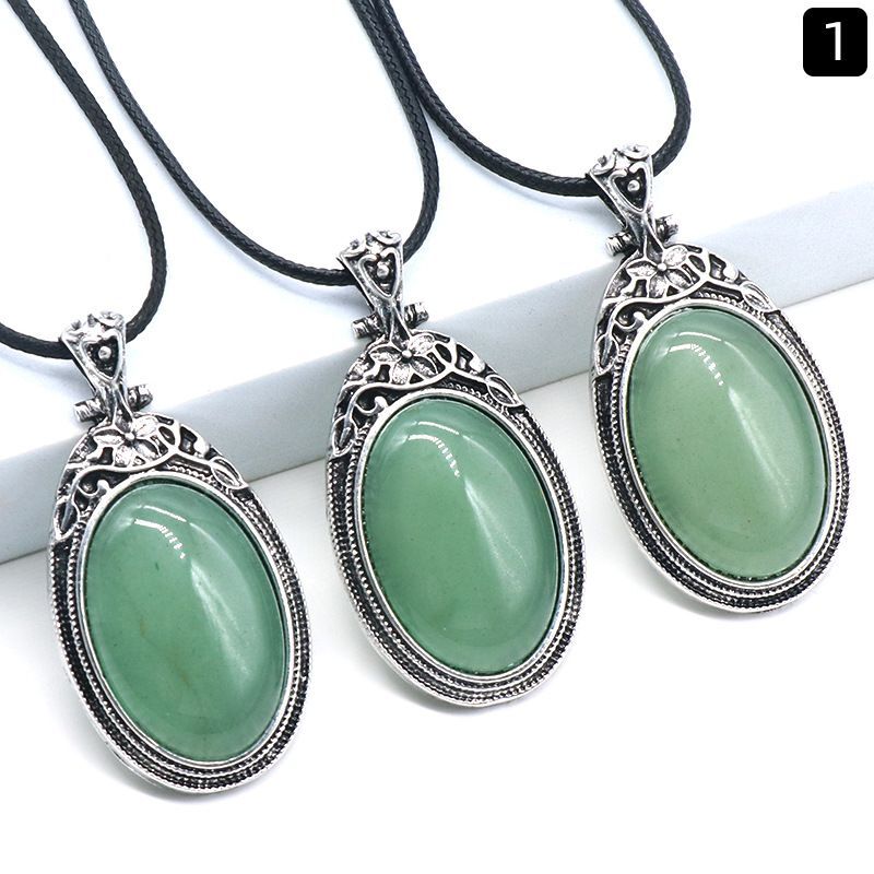 Crystal Agate Alloy Inlaid Gemstone Pendant Oval Stone Necklace 1pc