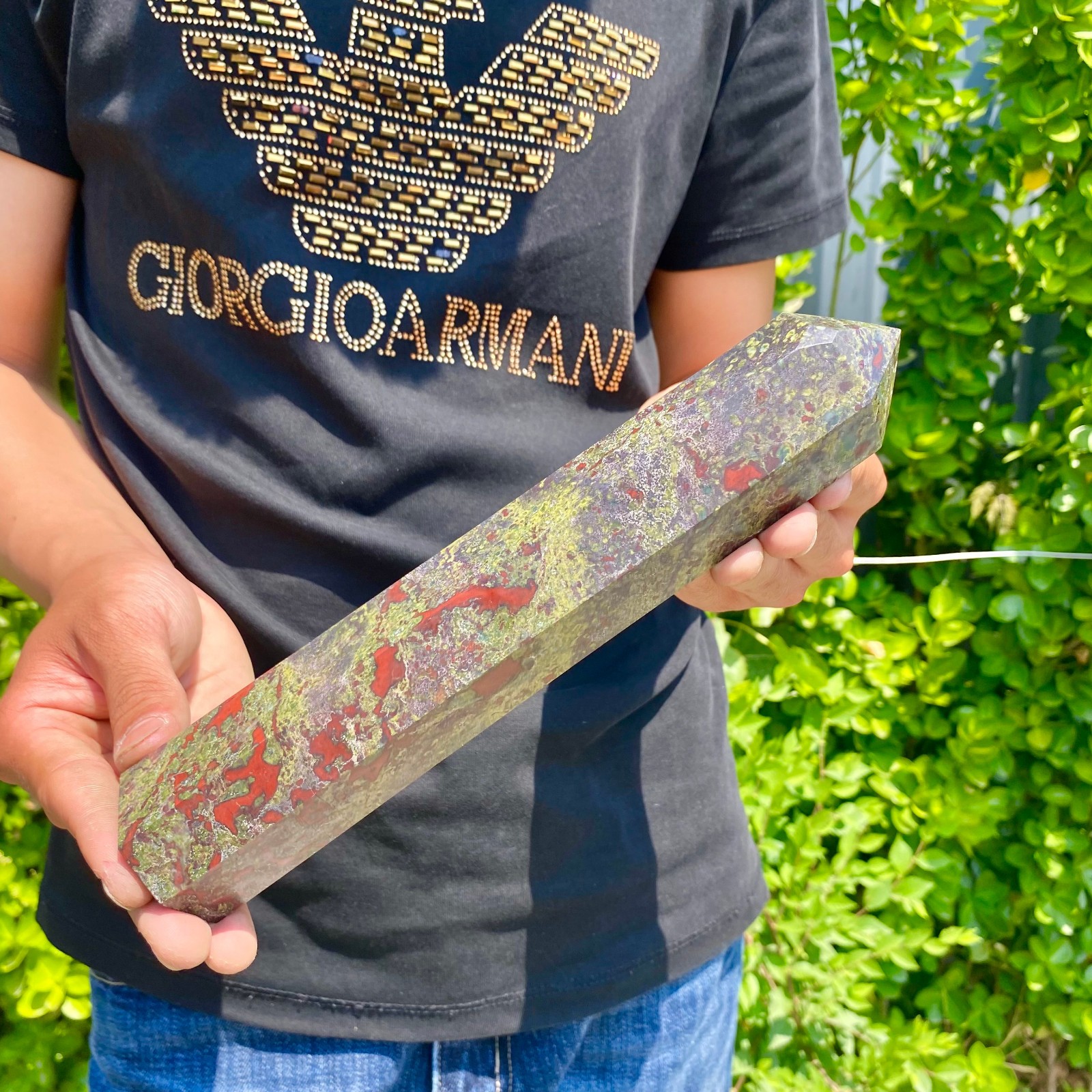 1.82LB Natural dragon’s blood stone obelisk quartz crystal column restoration