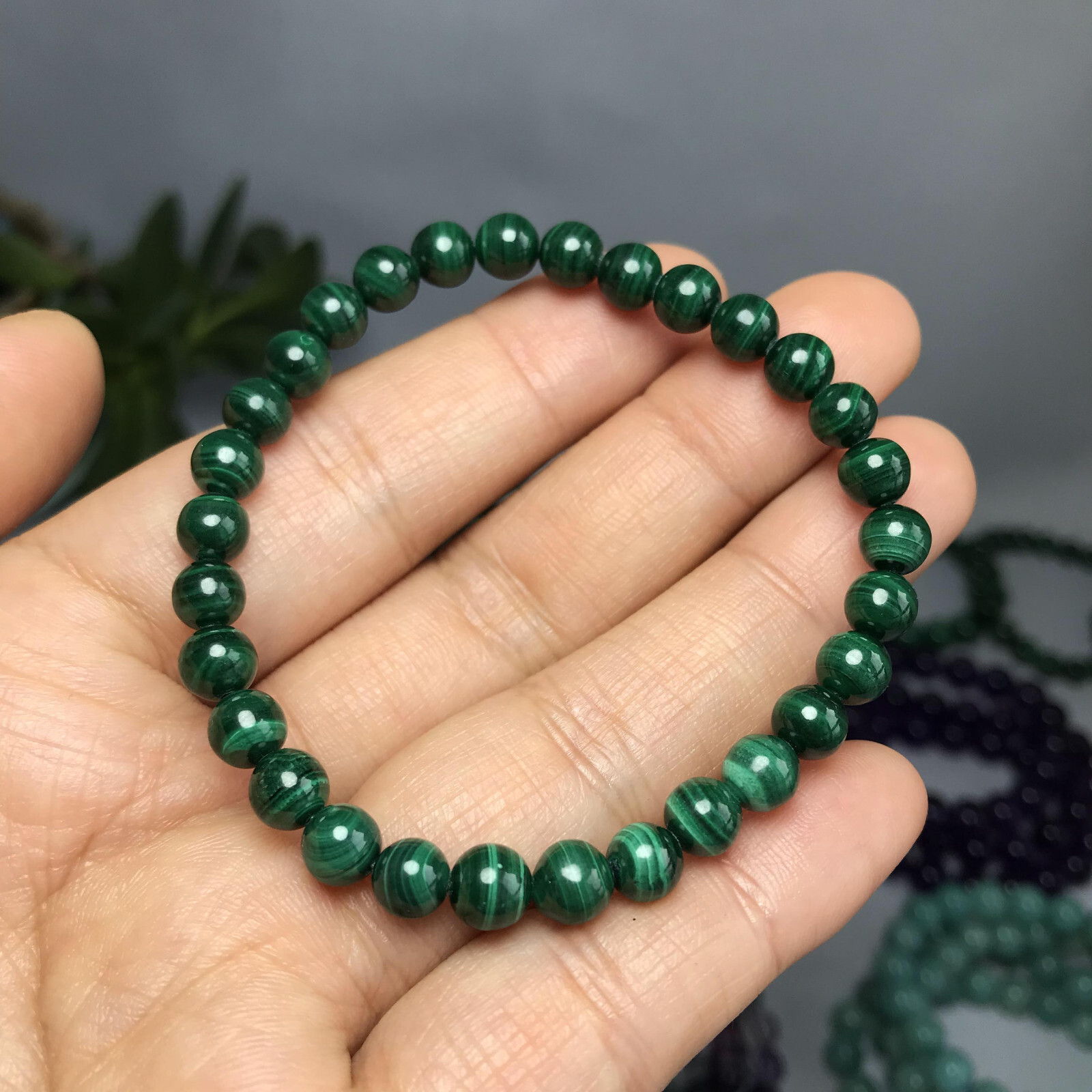 6mm Natural malachite gemstone Crystal chain beads bracelet 13-14g A5264