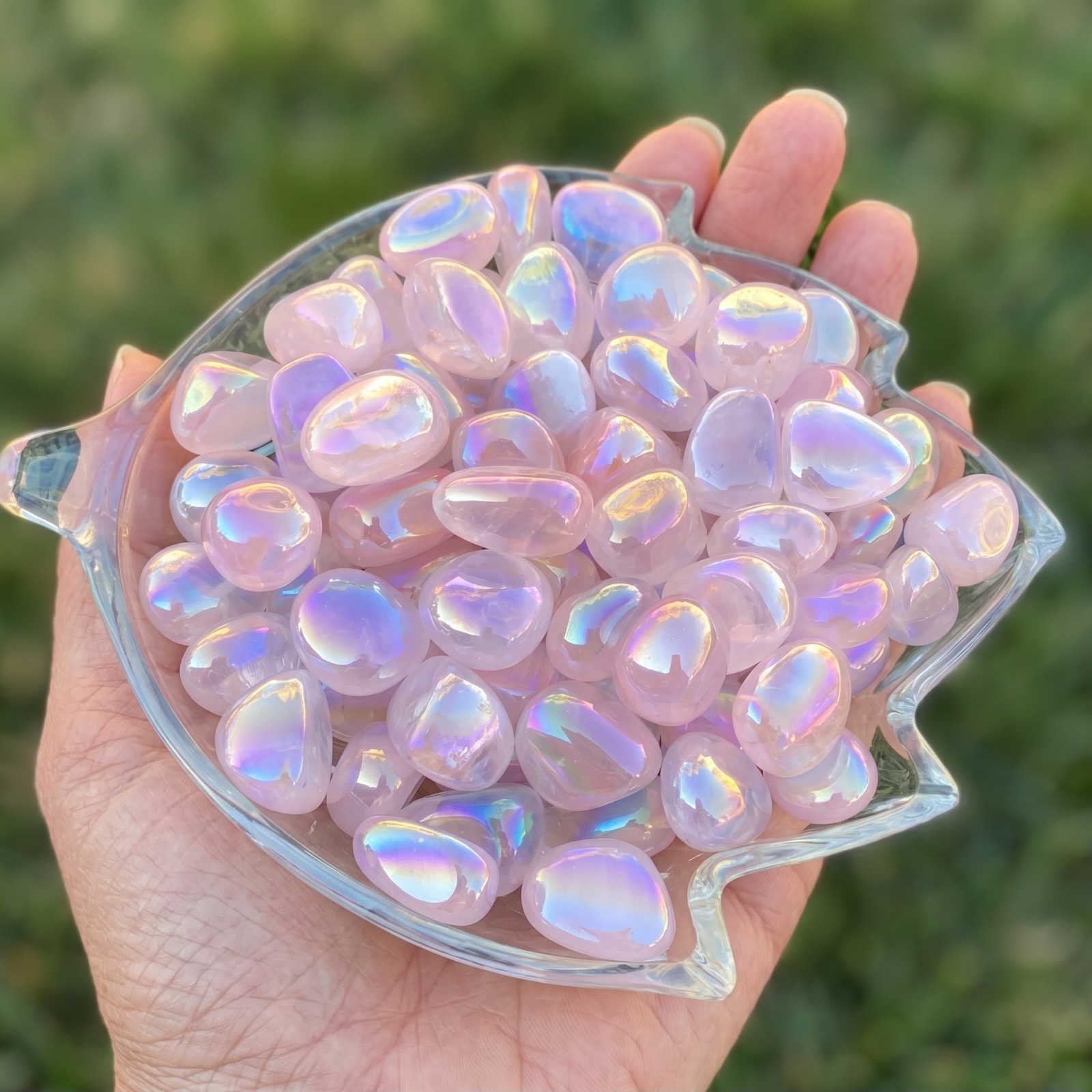 2PC Angel Aura Rose Quartz Tumbled Stones Natural Pink Aura Coated Healing Gift