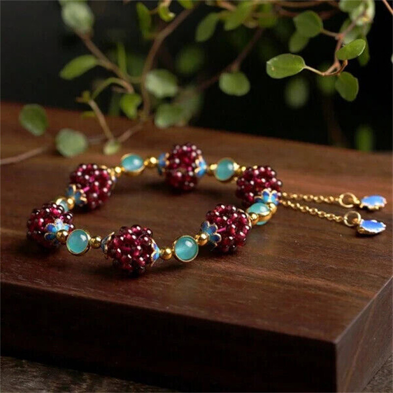 Natural Garnet & Blue Crystal Round Beads Bangle Healing Reiki Woven Bracelet