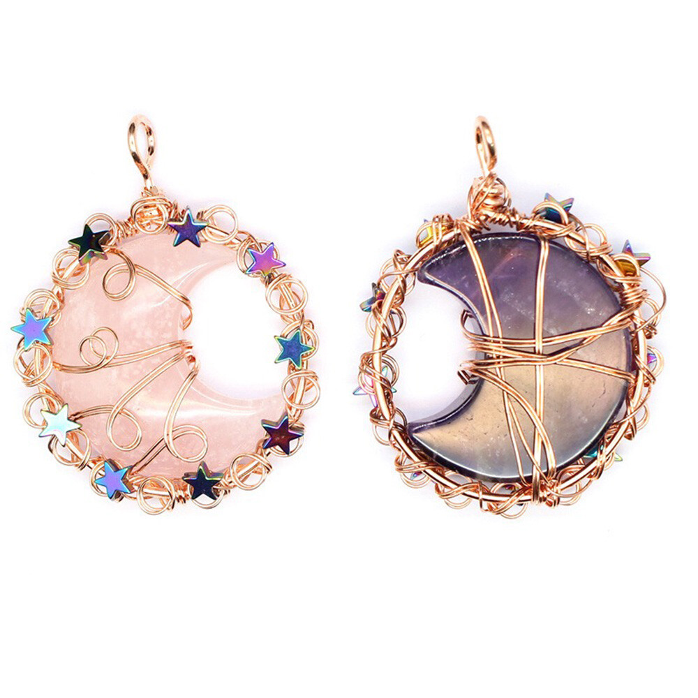 Natural Wire Wrap Crystal Moon Star Pendant Stone Quartz Jewelry Healing Reiki