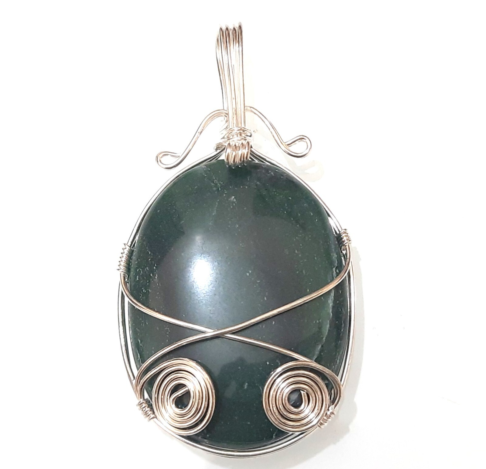 Natural stone Green Jade Wire Wrapped Unisex Pendant with cord and pouch