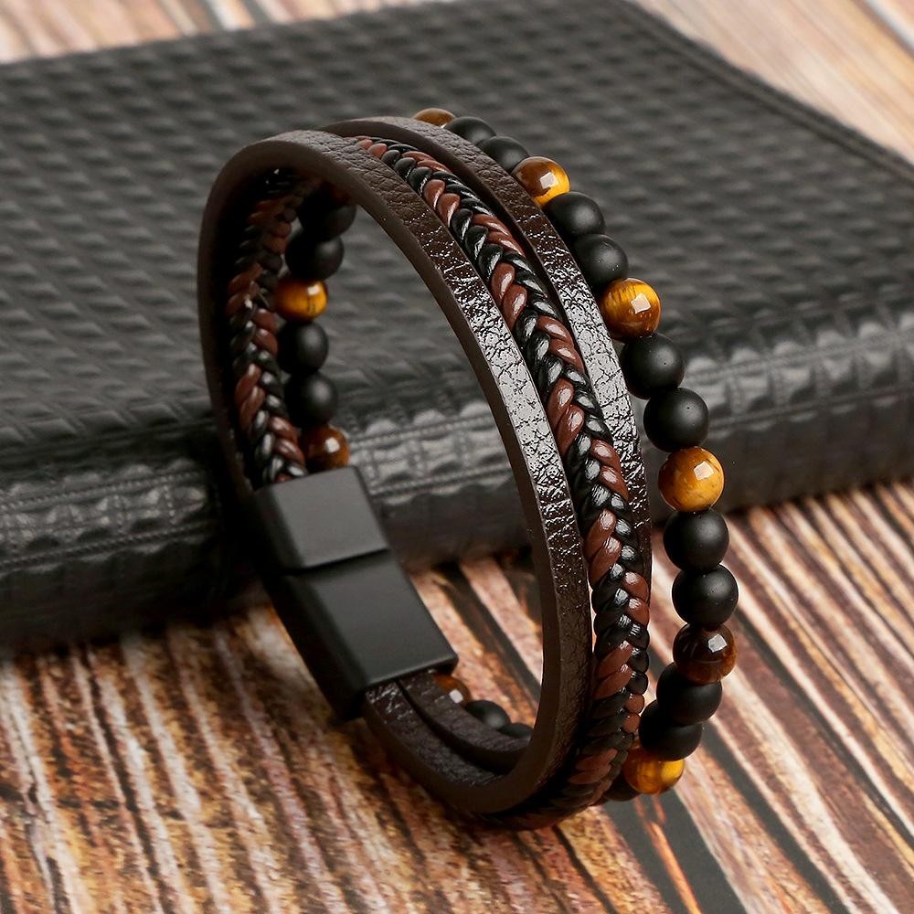 Men’s Classic Tiger Eye Beaded Leather Bracelet Multi Layer Elegant Jewelry Gift