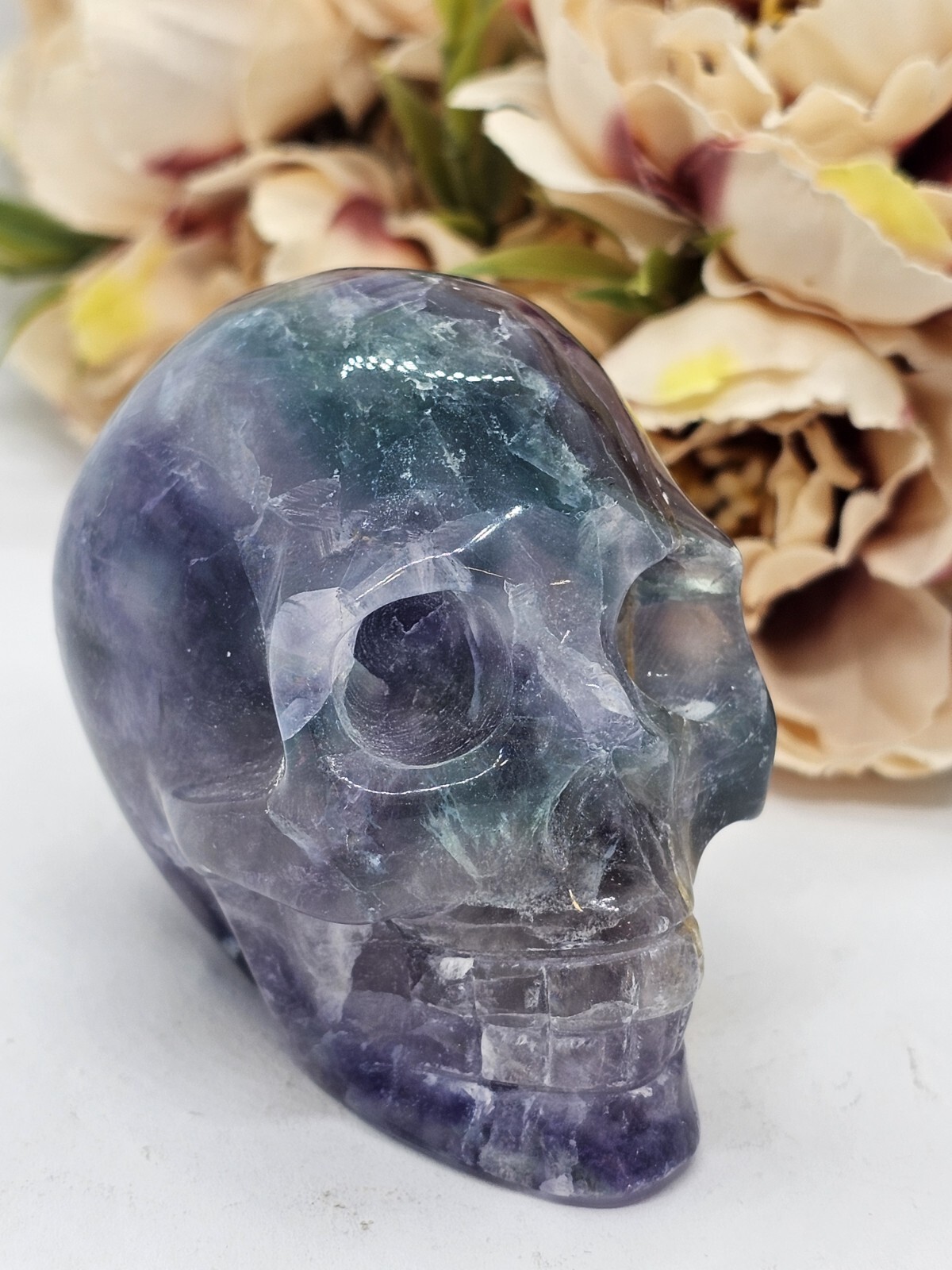 Rainbow Fluorite Skull Crystal Carving 248g Purple Green Blue 5x 6 x 4cm