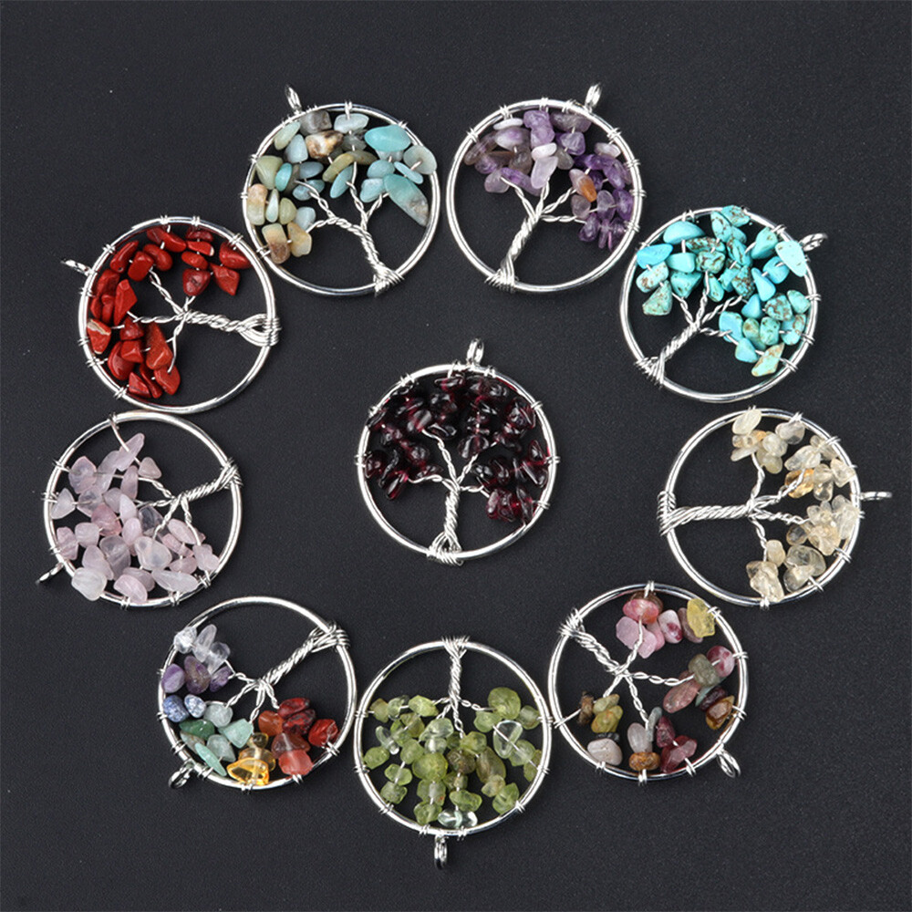 Natural Crystal Quartz Tree of Life Wire Wrapped Stone Pendant Necklace Healing