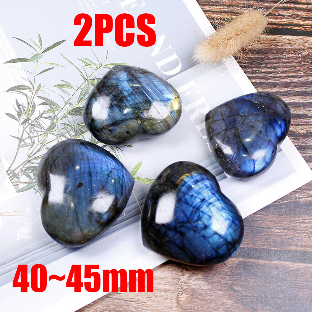 2PCS 40~45mm Natural Crystal Healing Heart Moonstone Polished Labradorite Stone~