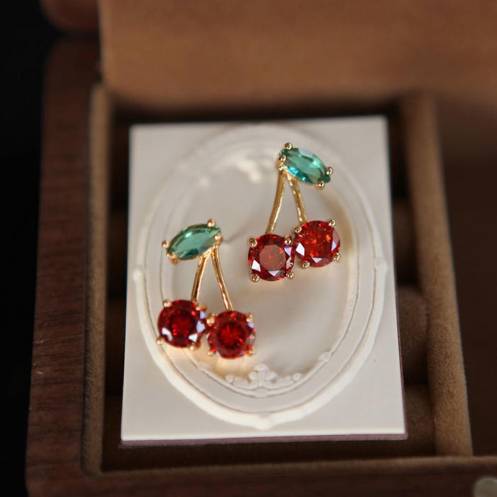 2024 Red Zircon Cherry Leaf Earrings Women Crystal Dangle Party Gift