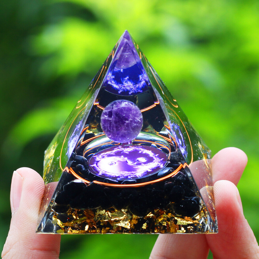 EMF Protection Orgonite Pyramid Amethyst Peridot Healing Crystal Energy Orgone