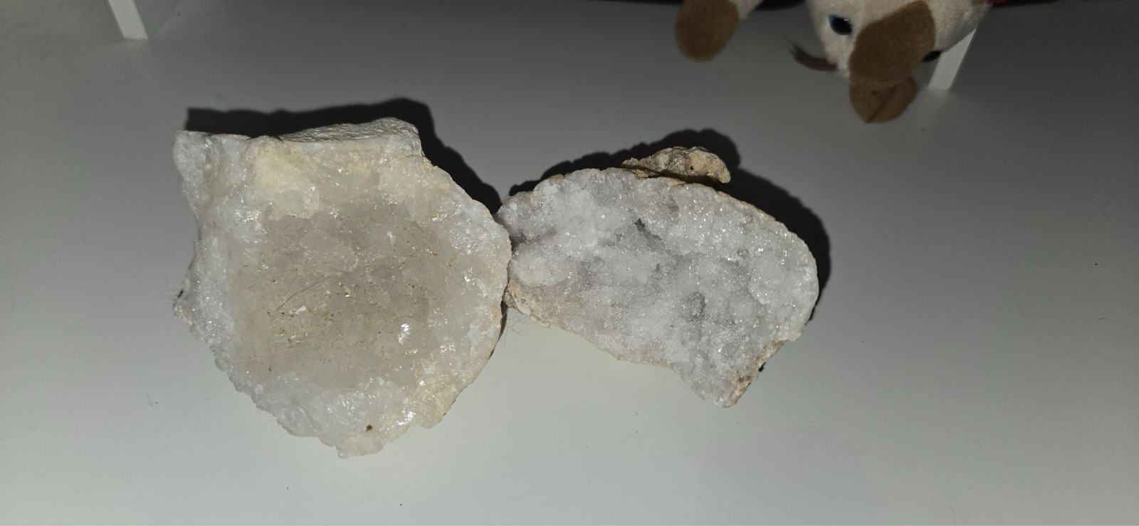geode quartz crystal specimen, likely white or clear quartz, set of 2