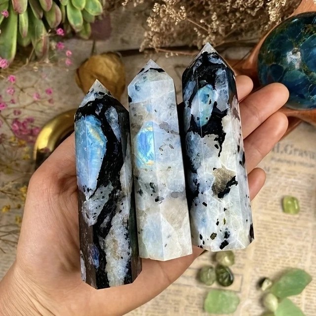 Natural Moonstone Tower Rainbow Healing Crystal Wand Obelisk Home Decor Specimen