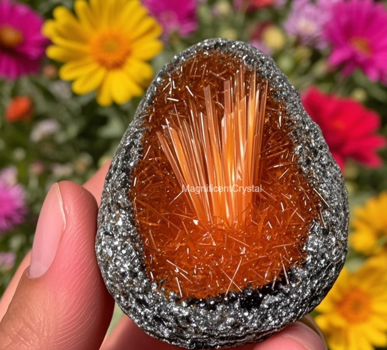Rare Natural Meteorite Quartz Crystal Specimen Goethite Orange Copper Ore Decor