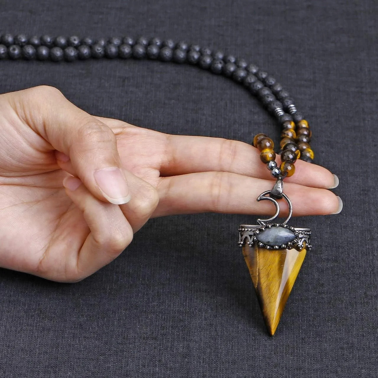 Jovivi 6mm Natural Tiger Eye Crystal Pendulum Necklace Lava Rock Labradorite Hea