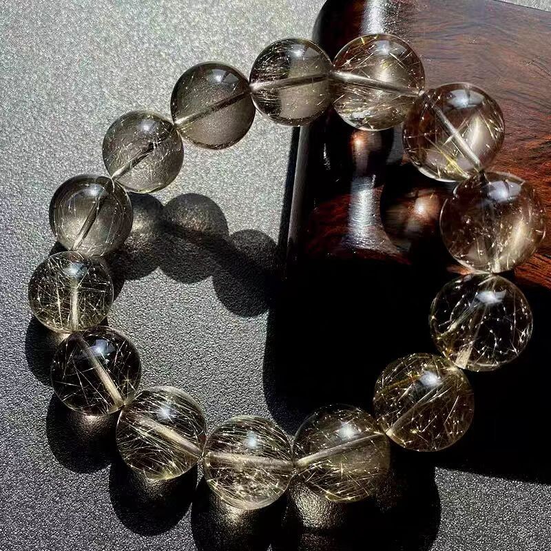 Natural Silver Rutilated Quartz Crystal Round Beads Bracelet 15mm AAA