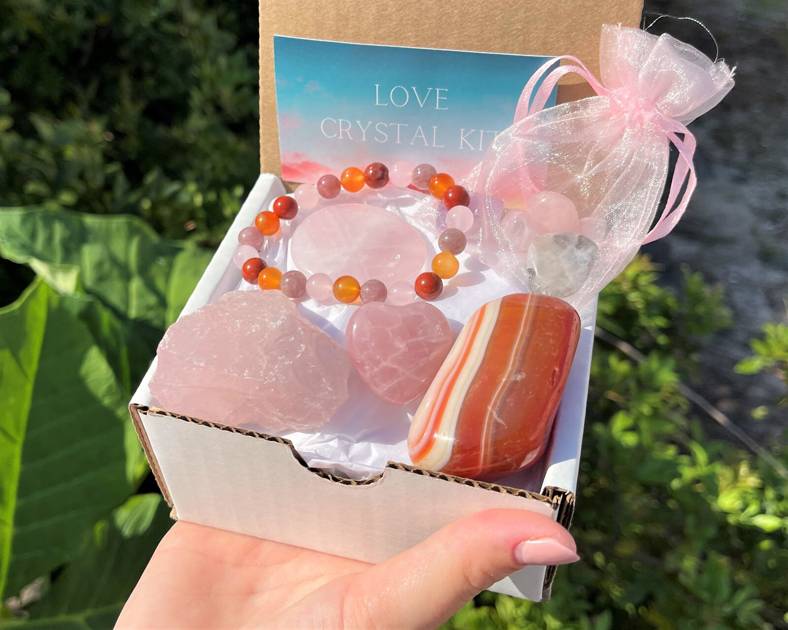 Love Crystal Gift Box: Bracelet, Palm Stone, Crystal Heart, Tumble Stone & More!