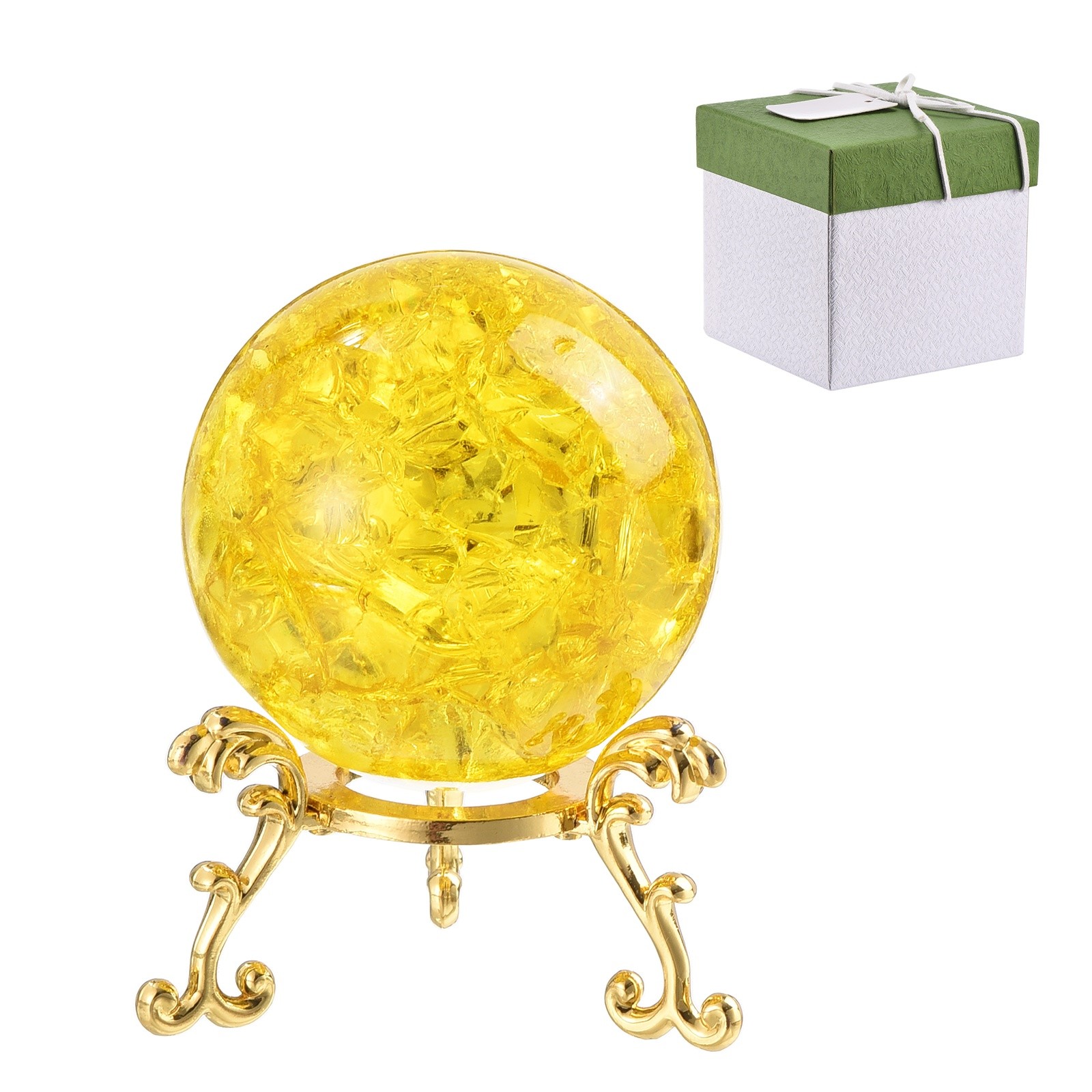 50mm Round Crystal Sphere with Stand Gift Box Packaging Included, Yellow