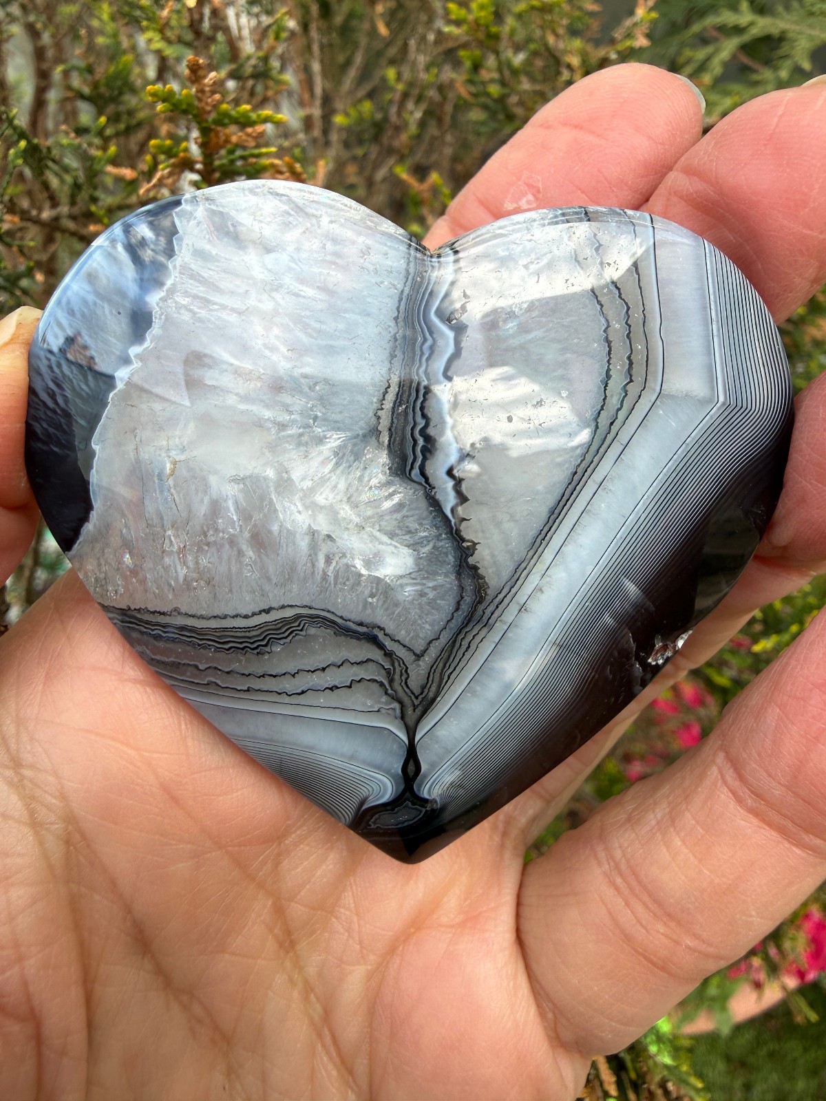 Black and clear banded Botwana Agate Natural Crystal Heart Polished Success 83g