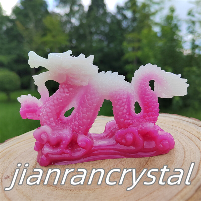 4″ Pink Luminous Stone Sculpture Dragon Resin Decor Skull Chinese Dragon 1pc