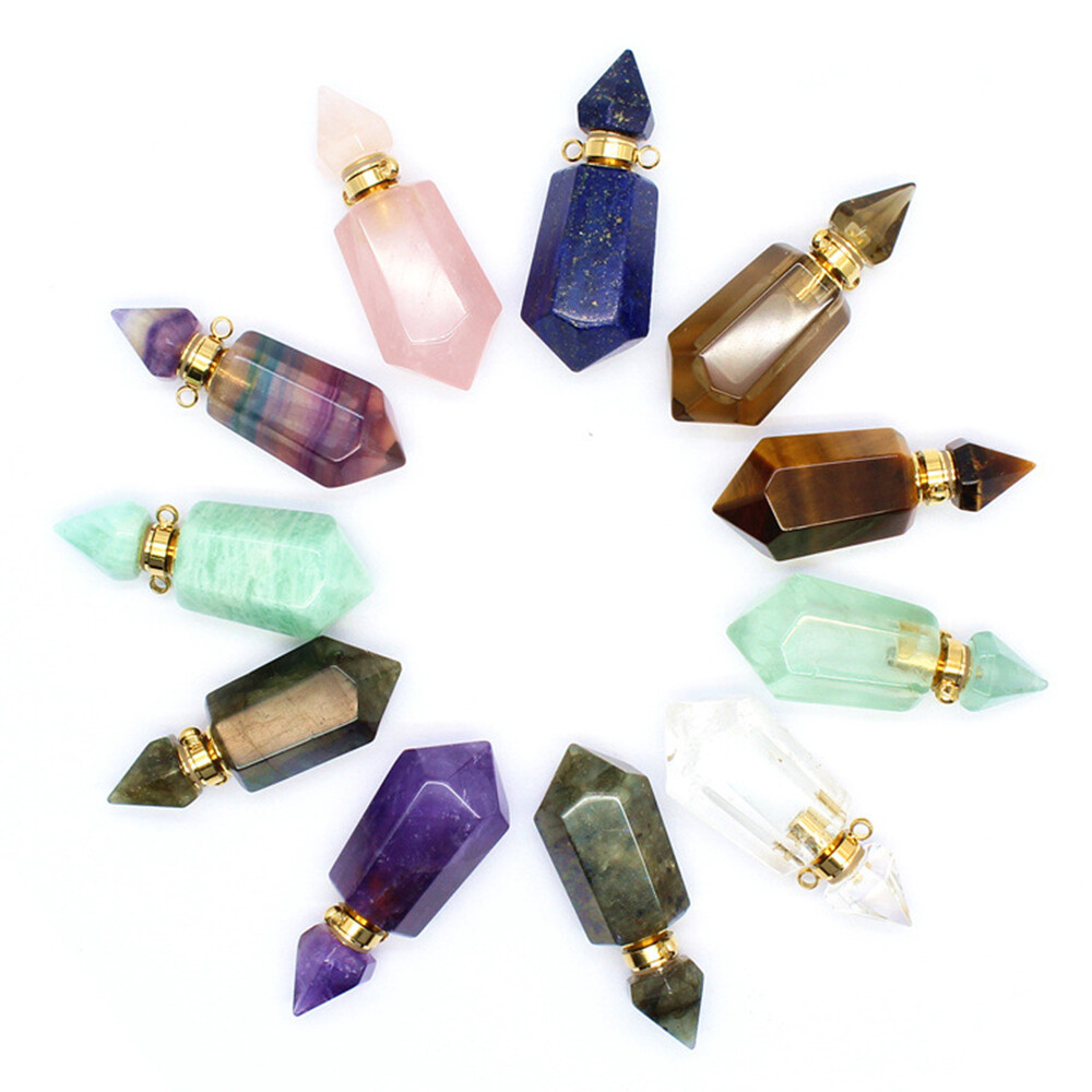 Natural Crystal Perfume Bottles Pendant Quartz Hexagon Necklace Healing Gemstone