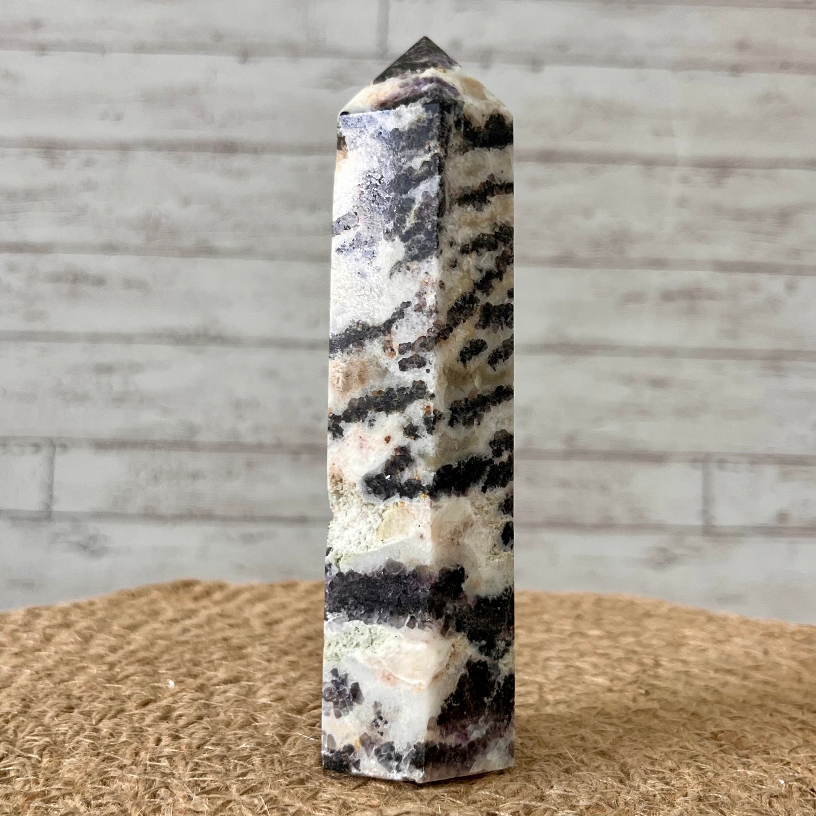 Natural Black White Banded Zebra Polished Pillar Crystal Specimen 220 g