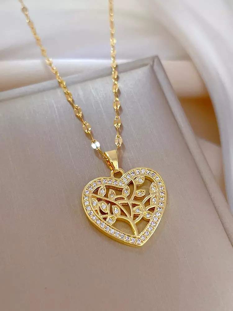 Women Fashion Jewelry Cubic Zircon Gold Tree Of Life Heart Pendant Necklace 1PC