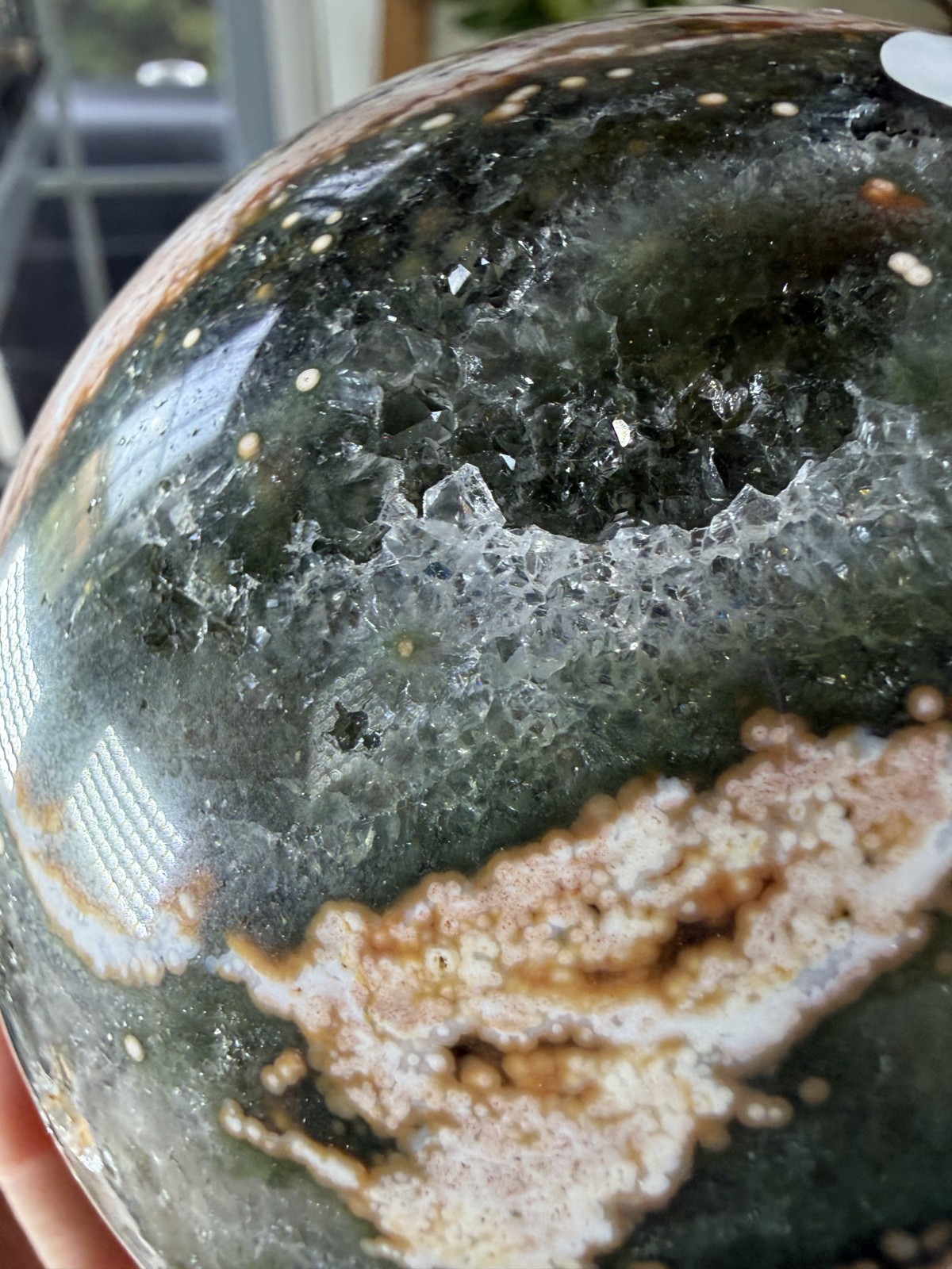8th Vein Ocean Jasper Sphere – Druzy Pockets – Green, Pink, White – 3.69lbs