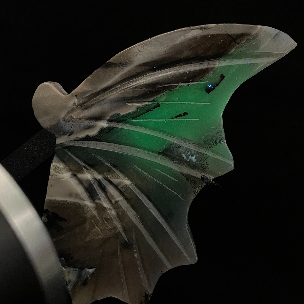UV Reactive Volcanic Agate Bat Wings Statue Fluorescent Crystal Carving Gothic