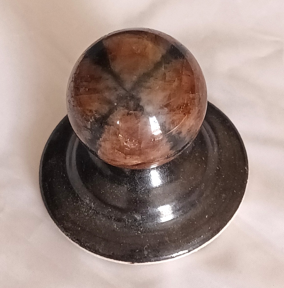 Chiastolite Andalusite 35mm Polished Round Cross Stone with Ceramic Stand