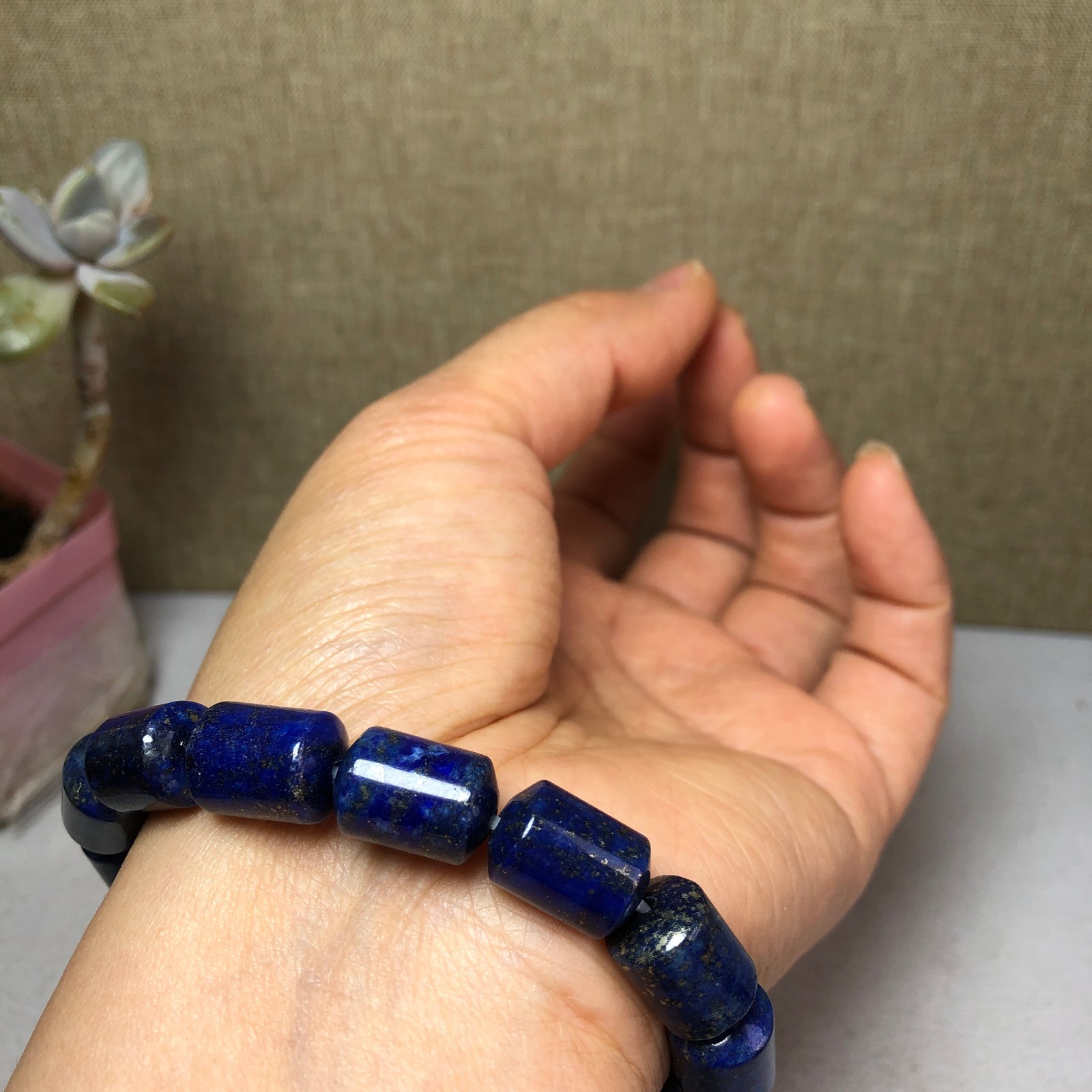 Natural lapis lazuli Bracelet Brown Gemstone Stretch Bucket bead Handmade A3703