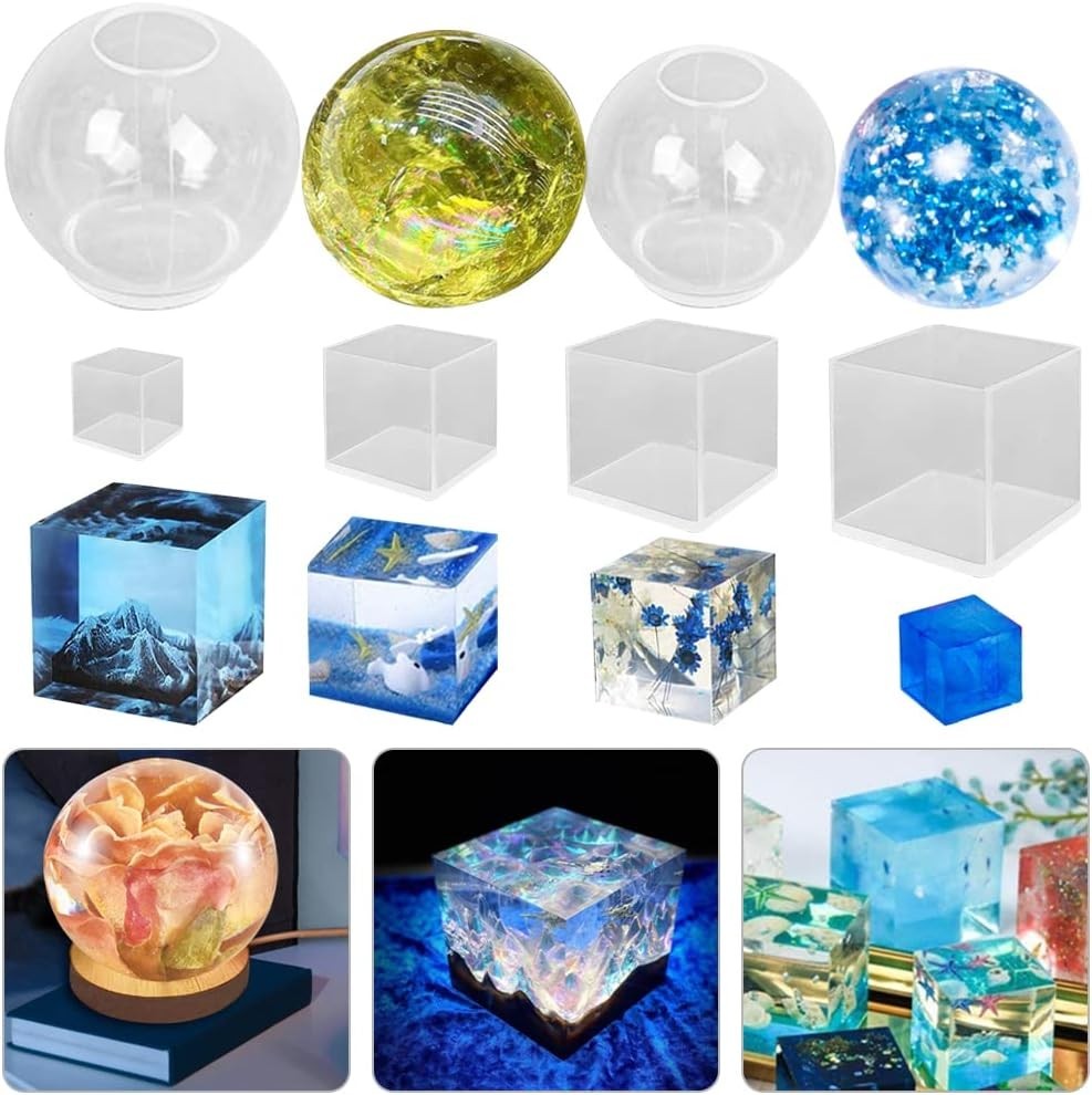 6 Pcs Sphere & Cube Resin Molds – Clear Silicone Epoxy Resin Molds for DIY Seam