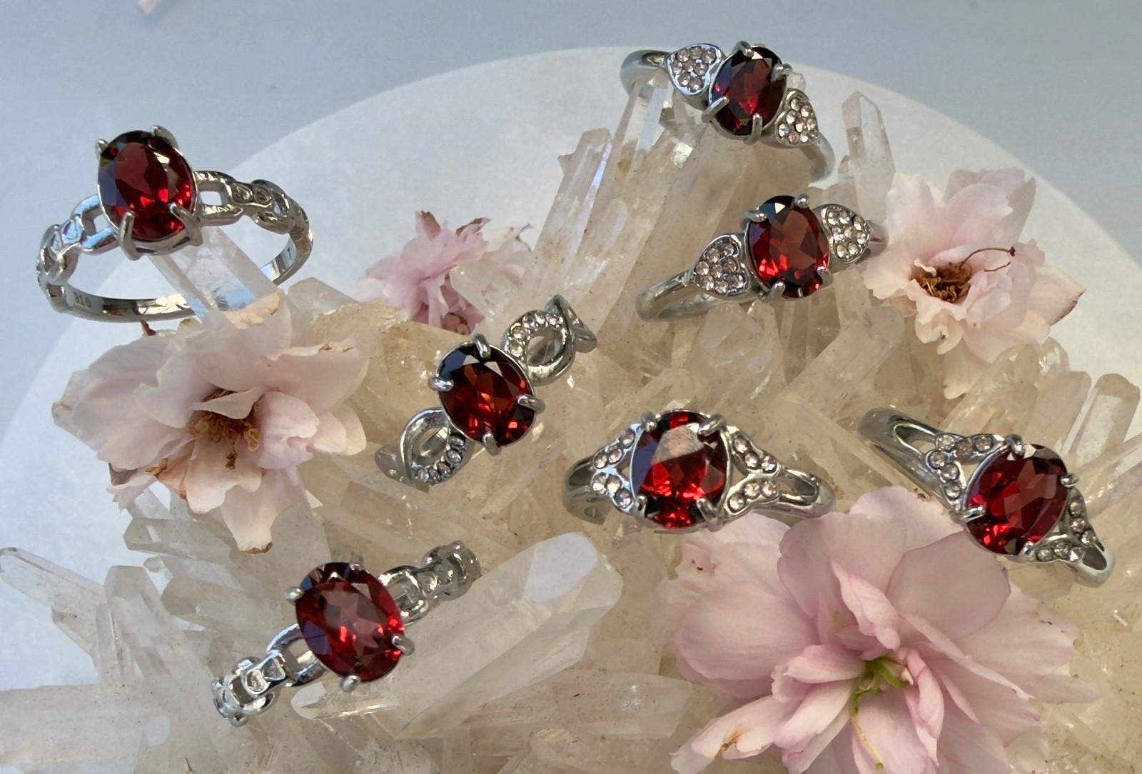 Wholesale 7 Pcs Faceted Natural Garnet Stainless Steel(316) Rings Crystal 6x8mm