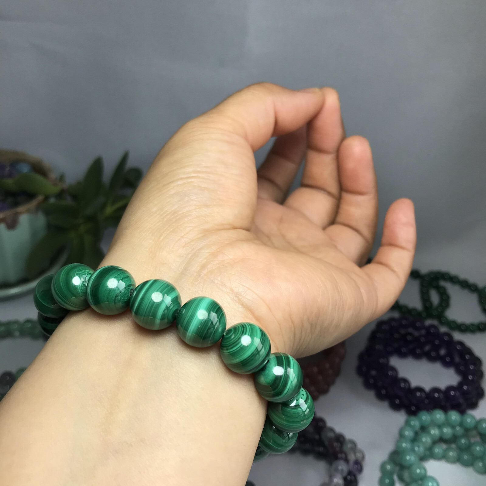 12mm Natural malachite gemstone Crystal chain beads bracelet 62-33g A5261