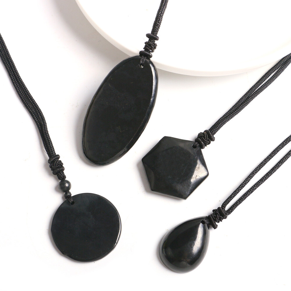 Shungite Stones Crystal Necklace Rope Pendant Reiki Healing Protection EMF Gift