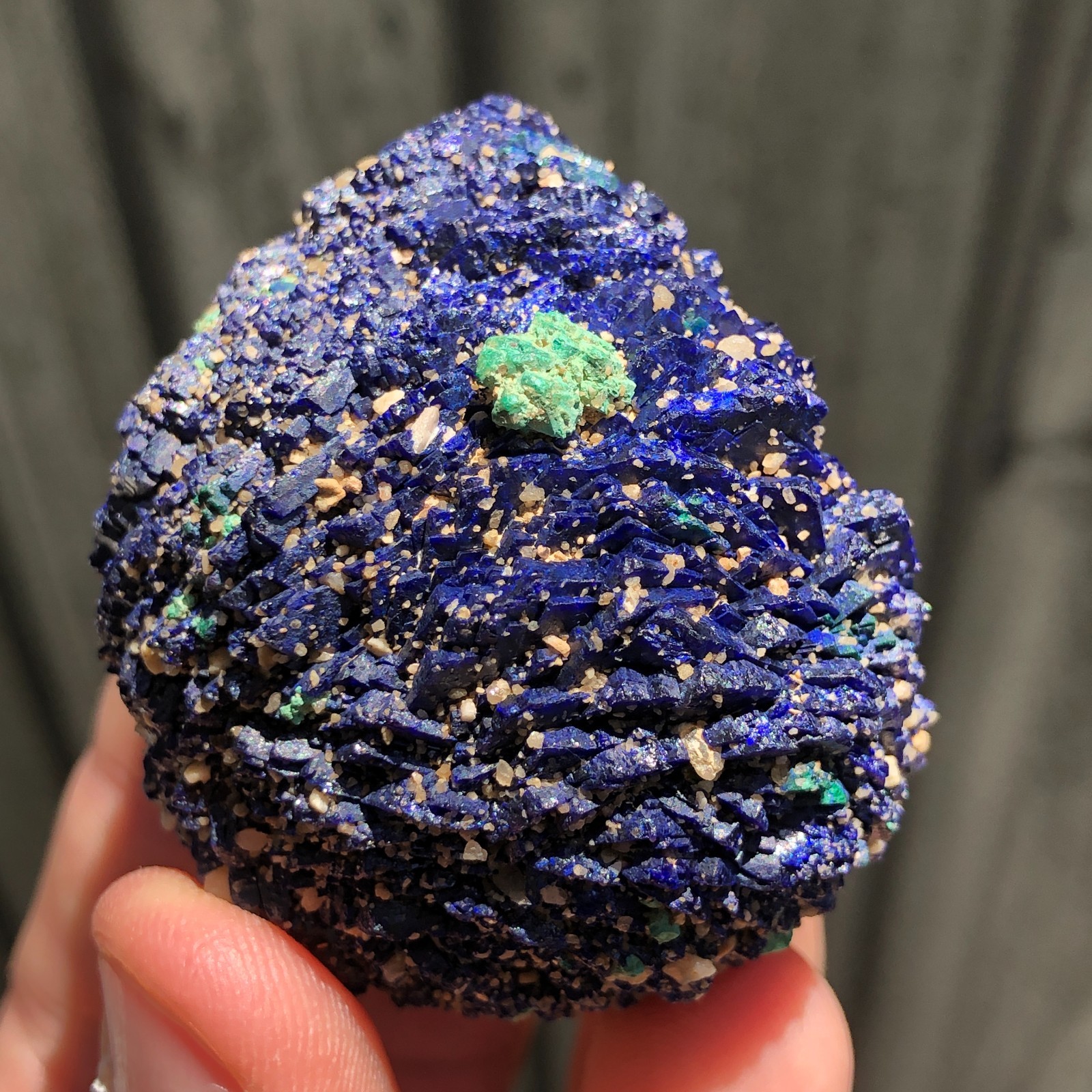 5.1cm Azurite Ball w/ Malachite pseudomorph Cuprite Crystals from Chessy, France