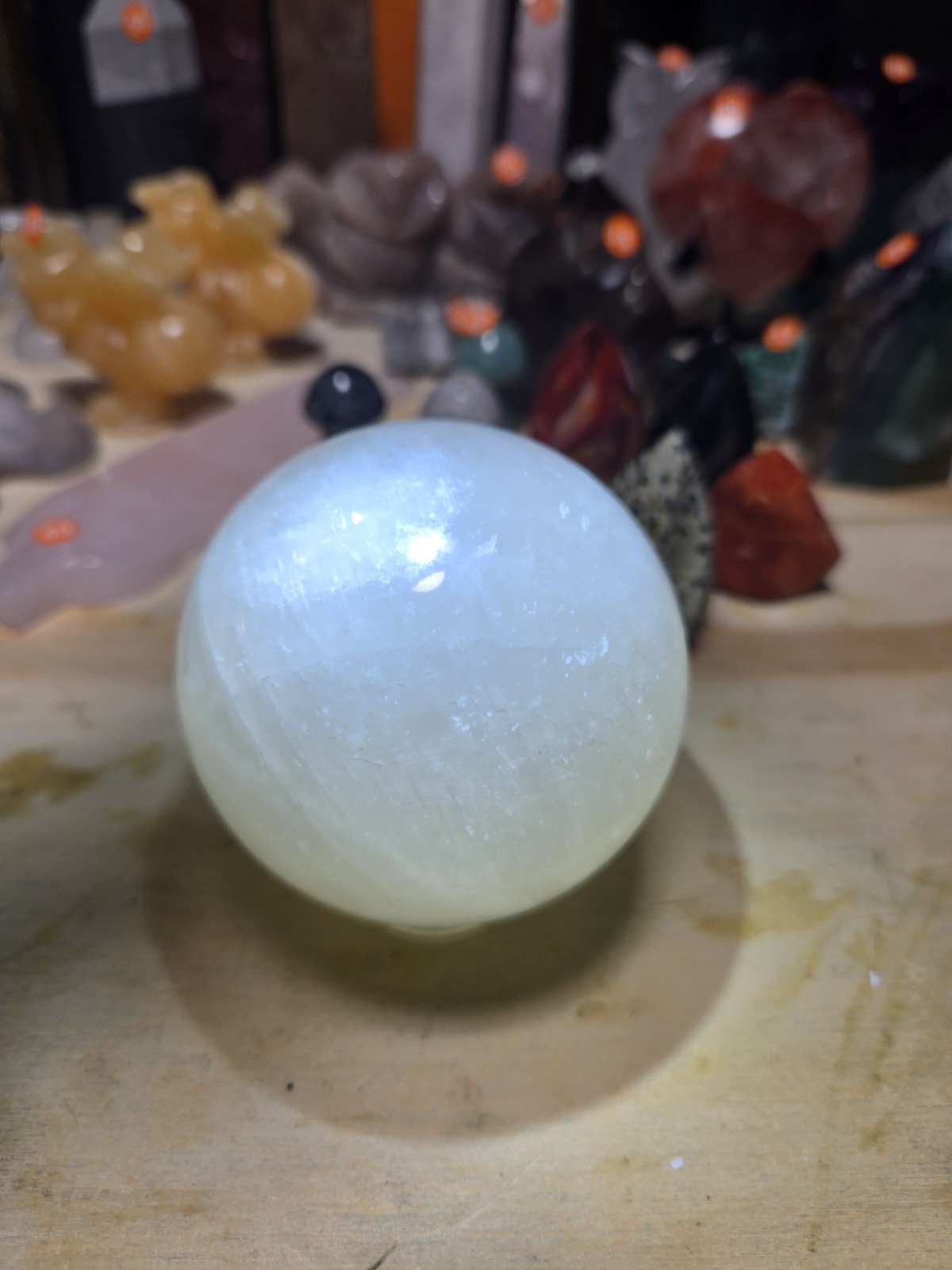 BIG 3in Light Honey Calcite Sphere – amazing rainbows! O33