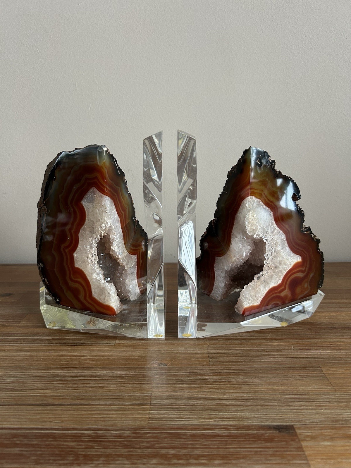 Vintage Gemstone Book Ends Brown Agate Crystal Quartz Rock Geode Pair Acrylic