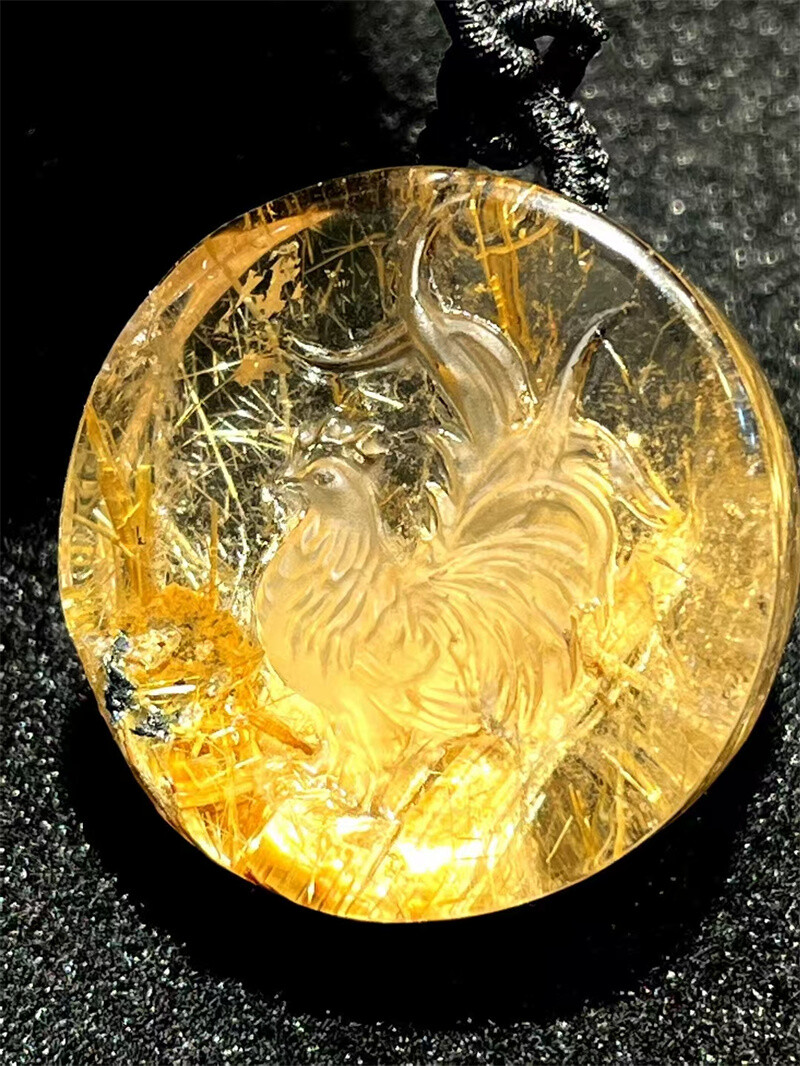 25g Top Natural Clear Gold Rutilated Quartz Crystal Carved Pendant holiday gift