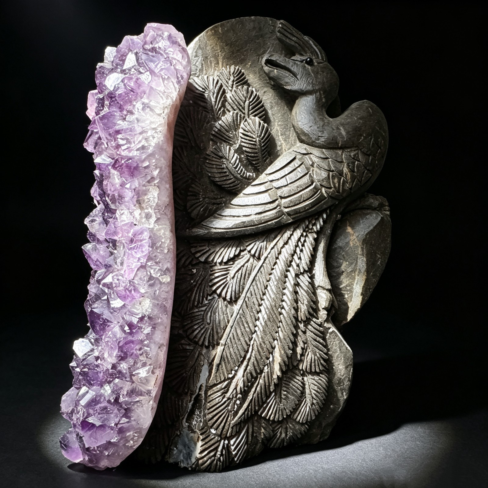 Hand Carved Natural Amethyst Cluster Peacock Sculpture | office desk luxury Gift