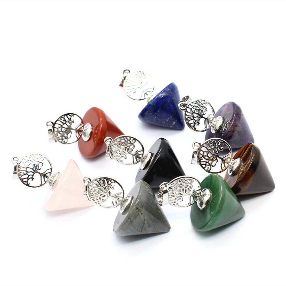 Natural Chakra Crystal Round Cone Stone Pendant Tree of Life Pendulum Healing